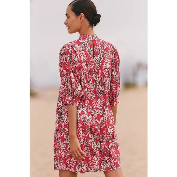ANTHROPOLOGIE RO'S GARDEN Jamelia Puff-Sleeve Mini Dress Red Pattern Medium NWOT - Picture 3 of 13